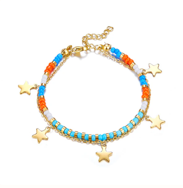 PULSERA DOBLE CHAQUIRON AZUL NARANJA Y ESTRELLAS