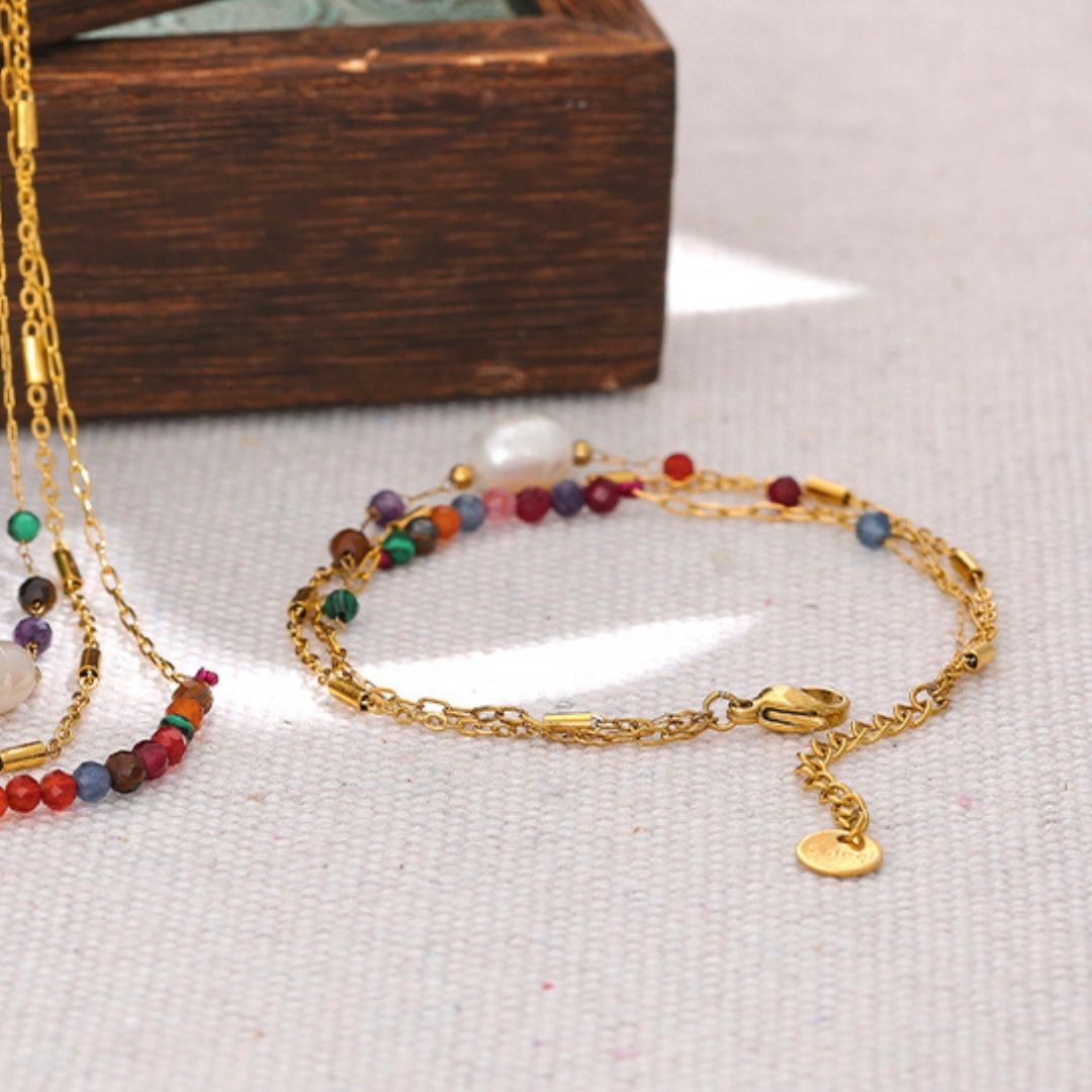 Pulsera triple multicolor y perla