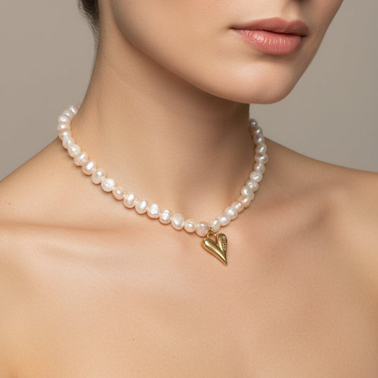 COLLAR PERLA ROSADA LILA CORAZON