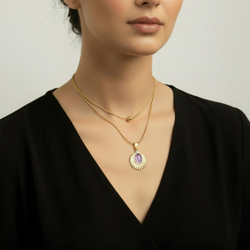 COLLAR DOBLE DIJE DESTELLO PIEDRA MORADA
