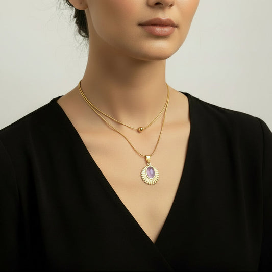 COLLAR DOBLE DIJE DESTELLO PIEDRA MORADA