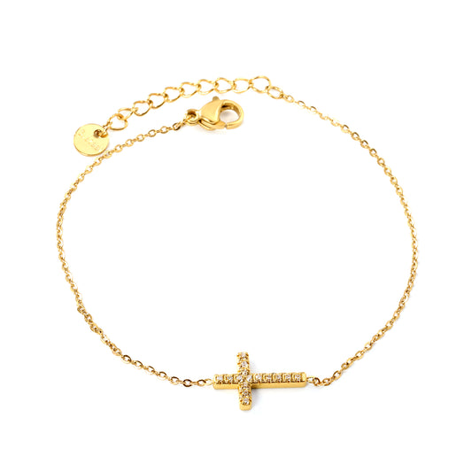 PULSERA CRUZ ZIRCONIA CADENA DELGADA DORADA
