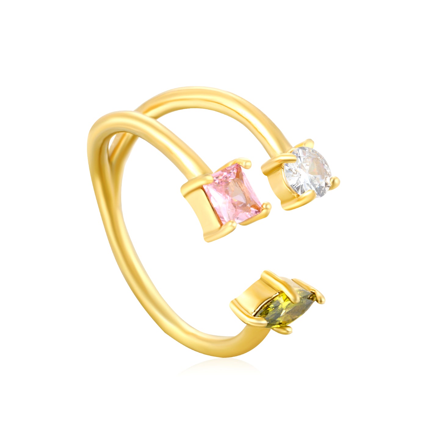 ANILLO 3  ZIRCONIAS GEOMETRICAS VERDE ROSA Y BLANCO