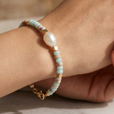 PULSERA JASPE CELESTE PERLA