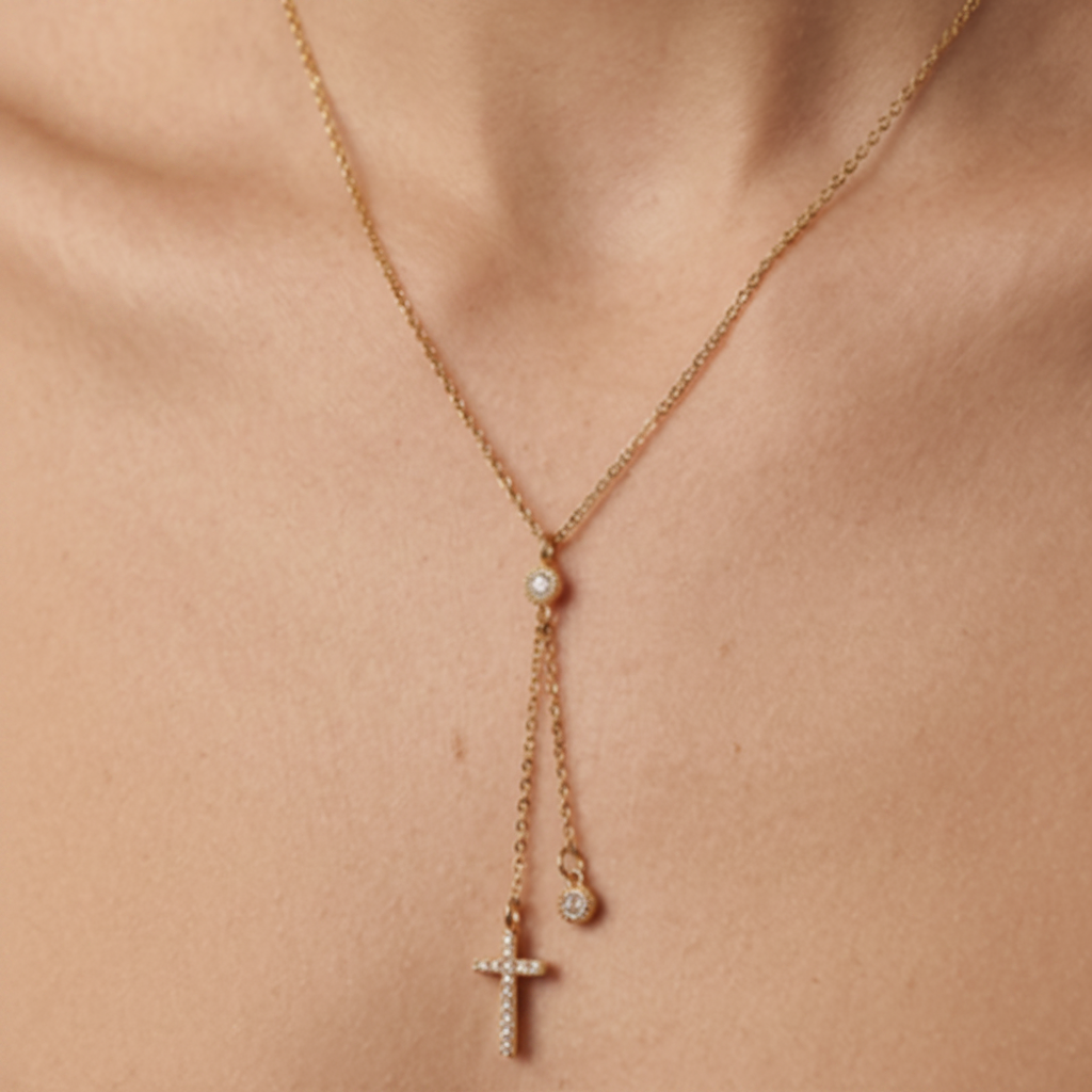 COLLAR CRUZ COLGANTE DOBLE DORADO