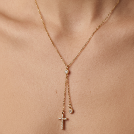 COLLAR CRUZ COLGANTE DOBLE DORADO