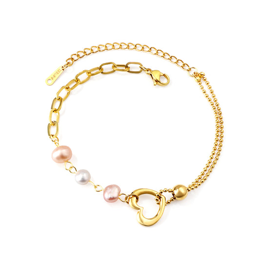 PULSERA CORAZON 3 PERLAS DORADA