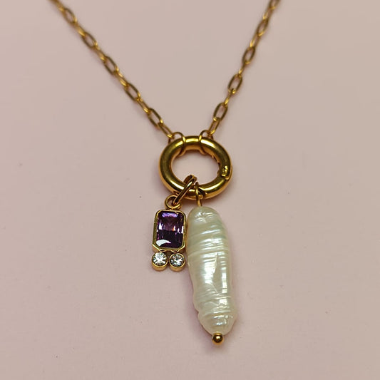 COLLAR PERLA BARROCA/ ZIRCONIA MORADA