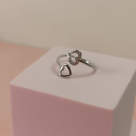 ANILLO 2 CORAZONES LISO Y ZIRCONIAS PLATEADO