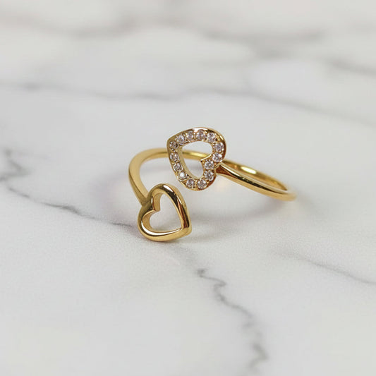 ANILLO 2 CORAZONES LISO Y ZIRCONIAS DORADO