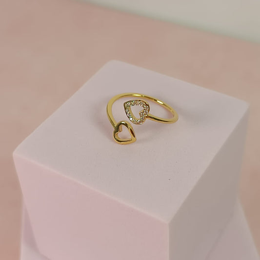 ANILLO 2 CORAZONES LISO Y ZIRCONIAS DORADO